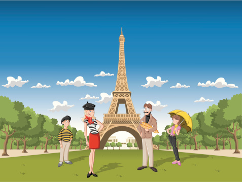 Fashion french cartoon family in Paris, with the Eiffel Tower. EPS 10 and transparency.