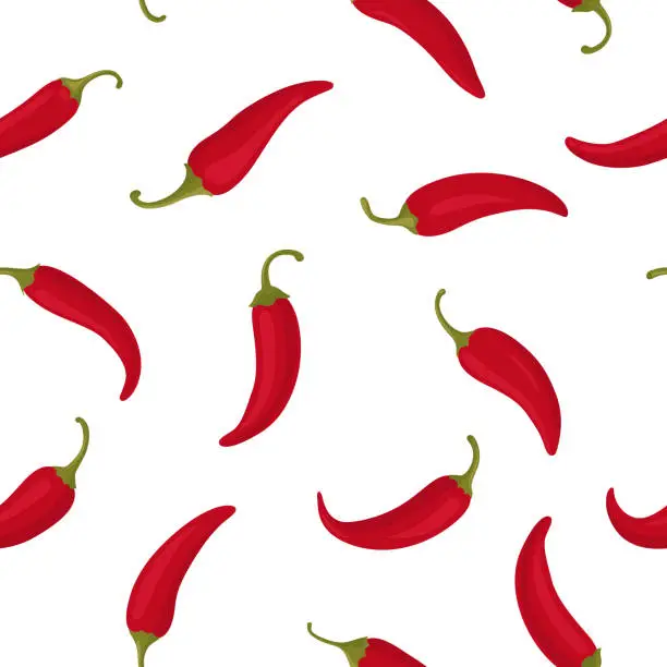 Vector illustration of Vector Seamless Pattern with Red Hot Chili Peppers on White Background. Spicy Chili Hot or Bell Pepper, Design Template for Textile, Apparel, Wallpaper Print