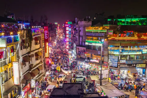Main Bazar by night, Paharganj known for its concentration of hotels, lodges, restaurants, dhabas and a wide variety of shops catering to both domestic travellers and foreign tourists, especially backpackers and low-budget travellers.