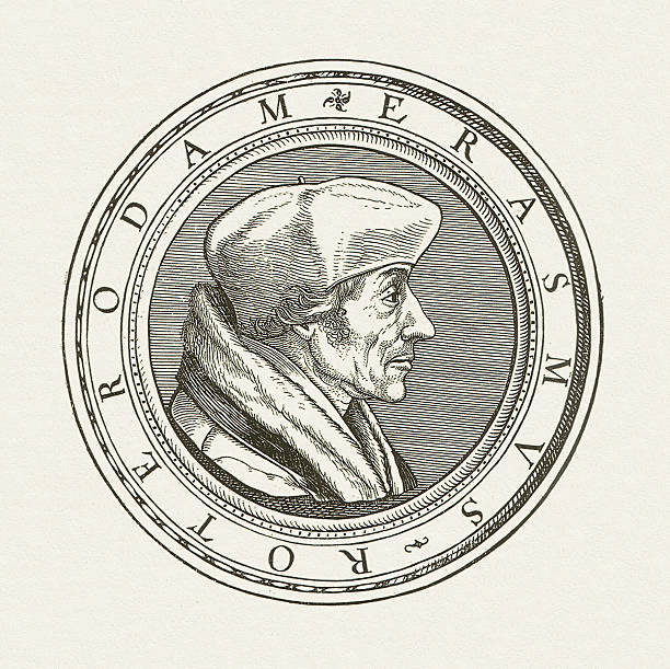 Desiderius Erasmus (1466-1536), wood engraving, published in 1881 Erasmus (Desiderius) of Rotterdam (1465/69 - 1536) was a Dutch scholar of European humanism. He was a theologian, catholic priest, philosopher, philologist and author of numerous books. Woodcut engraving after an original by Hans Holbein (German painter and engraver), published in 1881. desiderius erasmus stock illustrations