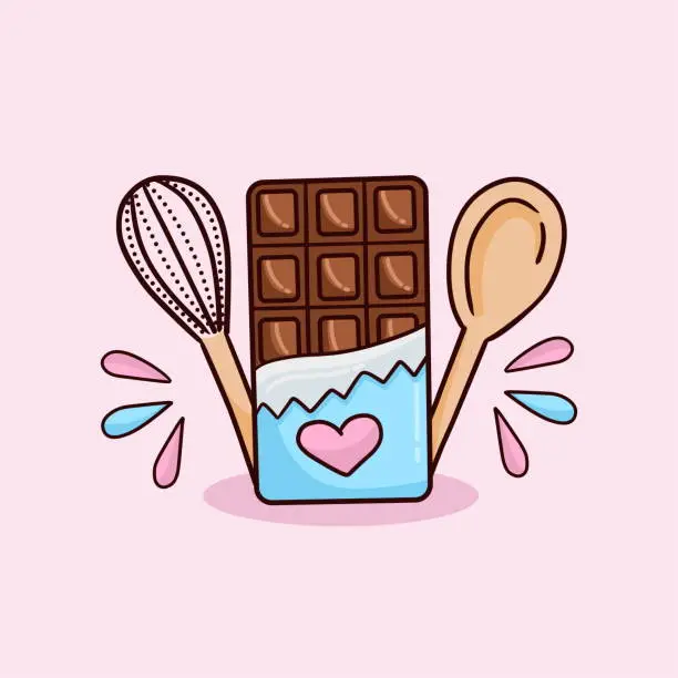 Vector illustration of A cute chocolate bar and spoon. vector drawing.