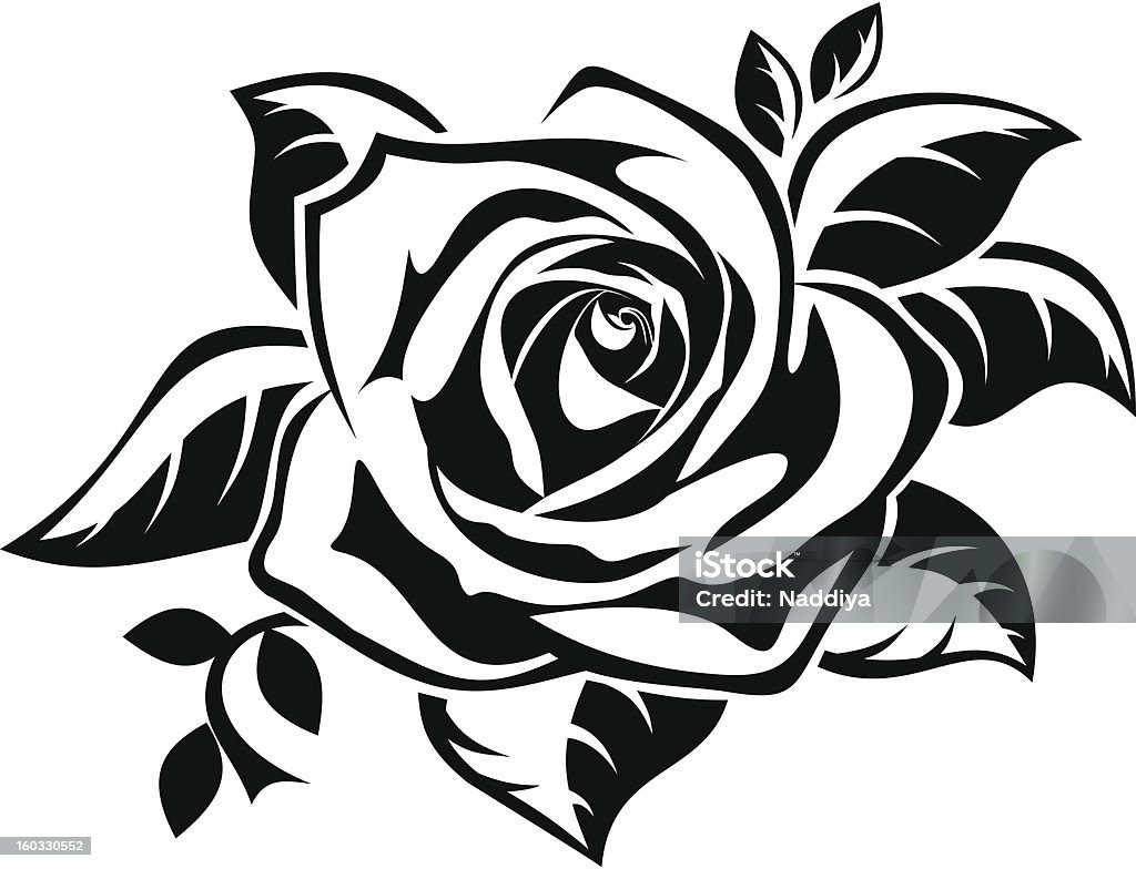 silhouette noire de la rose avec des feuilles. illustration vectorielle. - clipart vectoriel de Rose - Fleur libre de droits