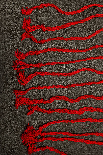 istock Red tassels on a black leather background, close-up 160330880