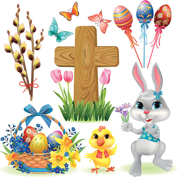 ilustraciones, imágenes clip art, dibujos animados e iconos de stock de conjunto de símbolos de pascua - easter bunny inflorescence nature composition