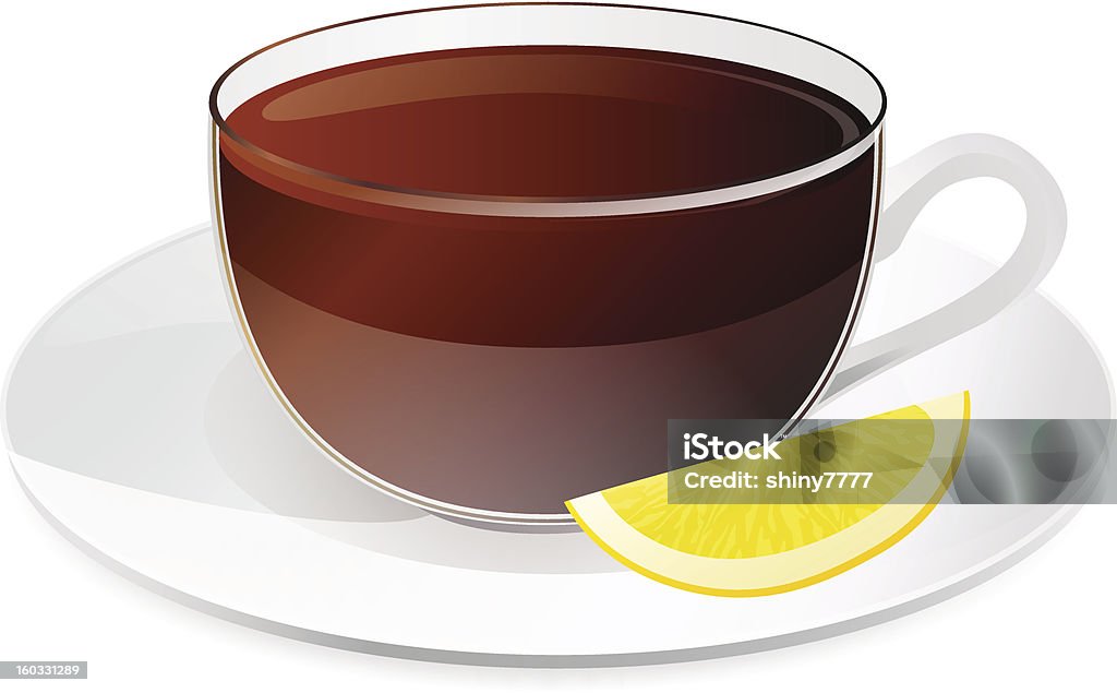 Tasse de thé noir avec le citron. Verre sur assiette. Illustration - clipart vectoriel de Aliment en portion libre de droits