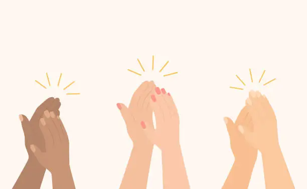 Vector illustration of Multiracial Human Hands Clapping. Congratulations, Success And Cheering Concept