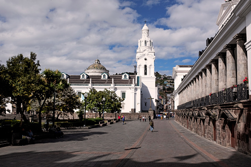 A view of the plaza de Santa Domingo in Quito,and the church of Santa Domingo, a Catholic church, whose construction started in 1540 and was finished in 1688.