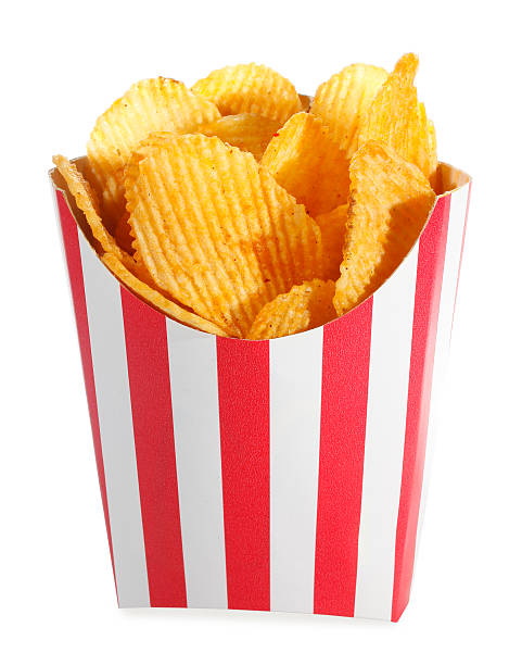 istock Ridged potato chips in red white cardboard box 160334482