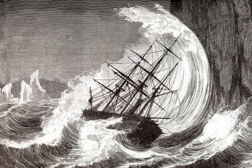 Engraving of sinking ship in a hurricane