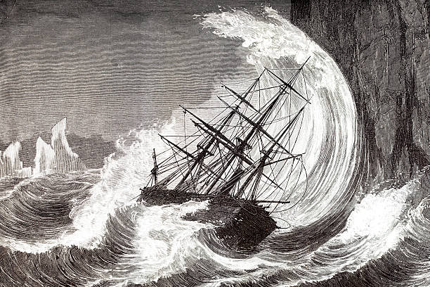 Engraving of sinking ship in a hurricane 1873 Engraving of sinking ship in a hurricane sinking boat stock illustrations