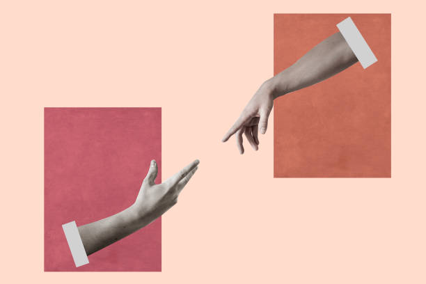 istock Two hands reaching towards each other.  Contemporary art 1603364726
