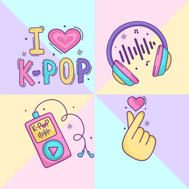 ilustraciones, imágenes clip art, dibujos animados e iconos de stock de juego de dibujo kpop, auriculares, música - k pop