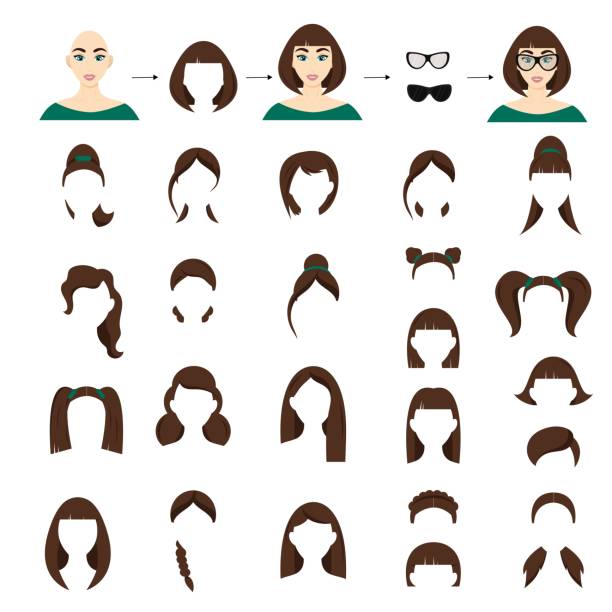 frauenfrisuren, konstrukteur, avatar, weiblicher charakter. sammlung von frisuren. vektorillustration isolierter weißer hintergrundin. - women young women white background eastern europe stock-grafiken, -clipart, -cartoons und -symbole