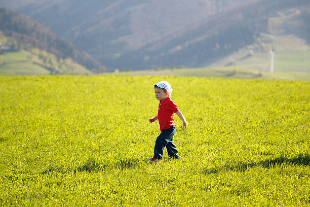 istock Walking baby boy in mountains on grass background 160337170