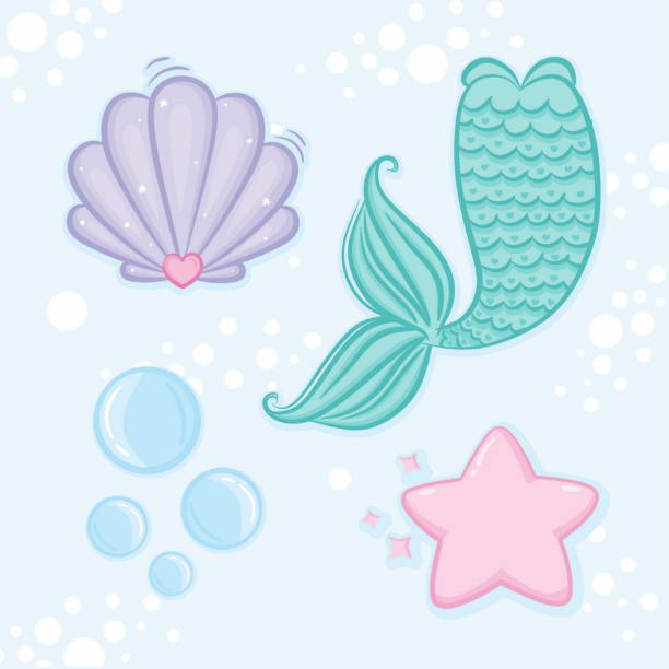 Cute cartoon sea doodle icon set. Hand drawn sea, starfish, bubbles, shell, mermaid tail Cute cartoon sea doodle icon set. Hand drawn sea, starfish, bubbles, shell, mermaid tail mermaid dress stock illustrations