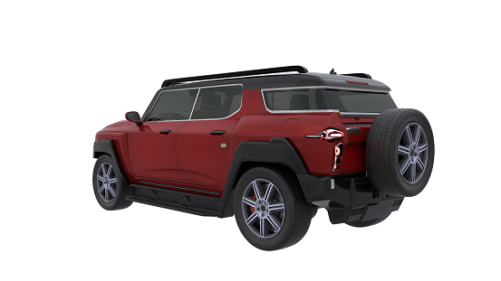 Rear perspective view of a generic modern SUV motor car. Isolated 3D rendering.