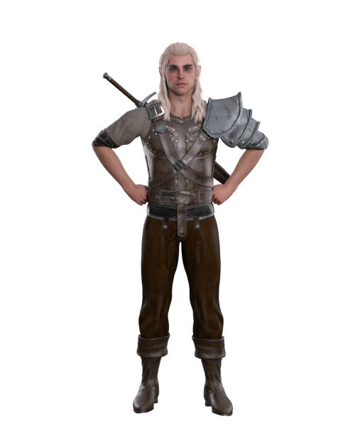 istock Fantasy Elf warrior man standing with hands on hips wearing sword on his back. Isolated 3D rendering. 1603388930