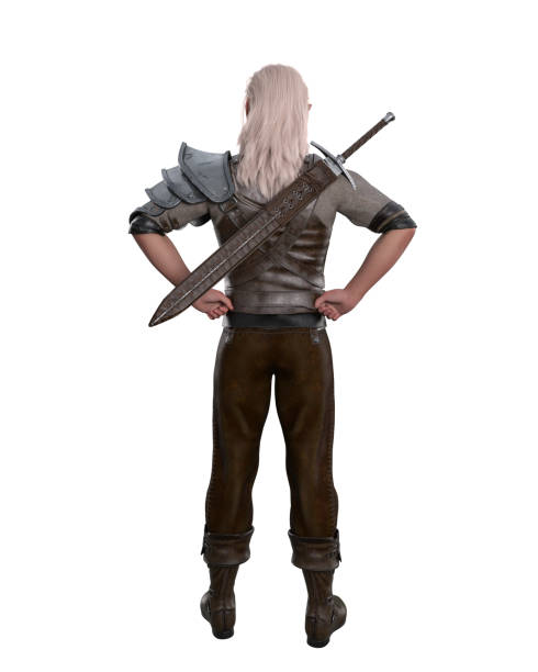 istock Fantasy Elf warrior man standing with hands on hips wearing sword on his back and facing away from the viewer. Isolated 3D illustration. 1603388931