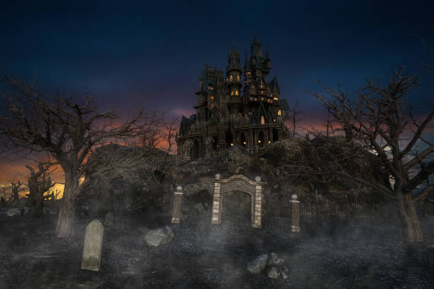 istock Gothic dark fantasy vampire castle on a misty mountain surrounded by dead trees. 3D illustration. 1603388940