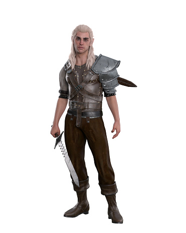 Portrait of a male elf warrior standing with sword in hand. 3D illustration isolated.