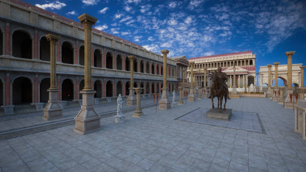 antichi edifici del foro romano con colonne e statue. rendering 3d. - antica roma foto e immagini stock