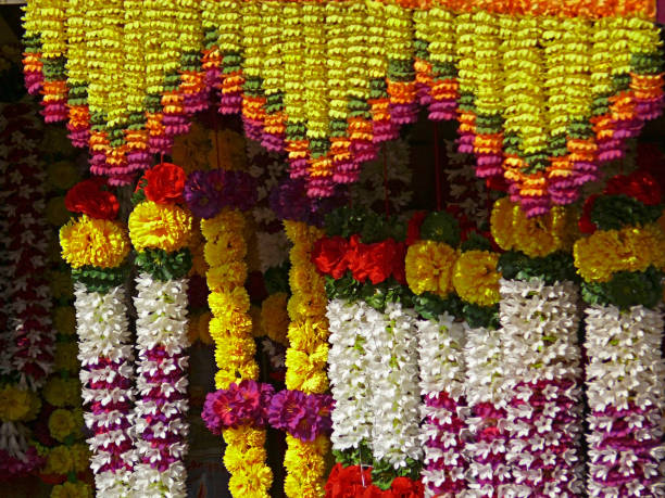 Artificial Garlands Outside a shop for selling near a temple, Maharashtra, India