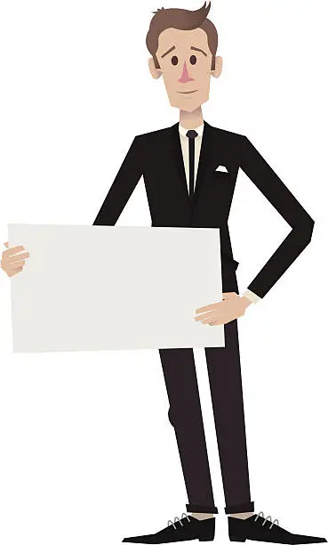 Vector illustration of Man In Suit Holding Sign Center