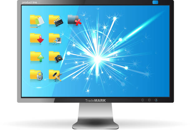 monitor Modern monitor with folders on desktop - vector. EPS 10. File contains transparences! utility icons videos stock illustrations