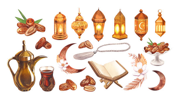 Watercolor set object ramadan. Hand-drawn illustration isolated on white background. Perfect for islamic celebration day ramadan kareem, eid al fitr adha, arabesque design. Watercolor set object ramadan. Hand-drawn illustration isolated on white background. Perfect for islamic celebration day ramadan kareem, eid al fitr adha, arabesque design watercolor lantern set stock illustrations