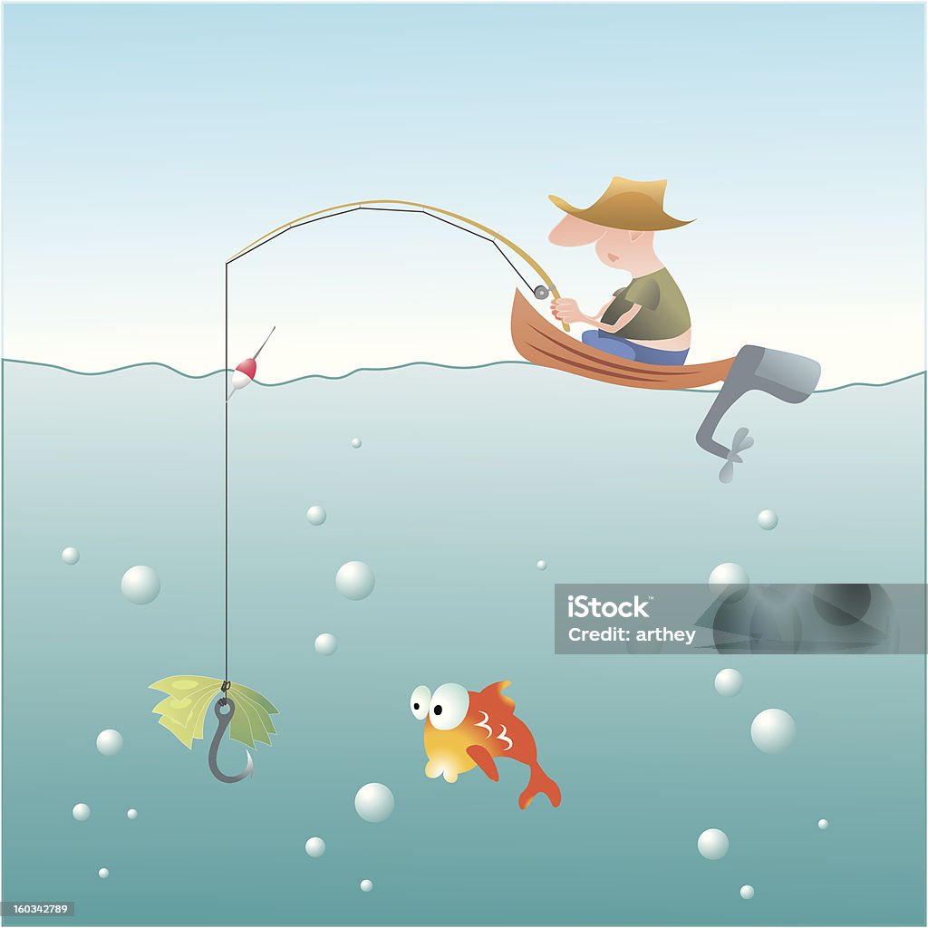 Vector. Fishing Fisherman In the Boat Waiting for Golden Fish Fishing Hook stock vector