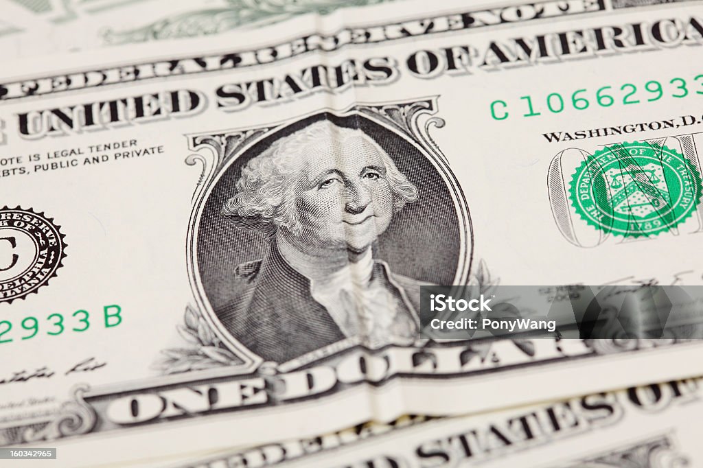 Dinero un dólar estadounidense con sonrisa de washington - Foto de stock de George Washington libre de derechos