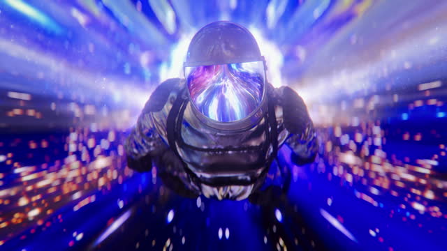 Following Shot of Astronaut in Space Suit Confidently Flying through Space and Time. Time-space vortex tunnel. Wormhole. High Speed Light Speed Digital Tunnel flying though the Galaxy of Data Transfer with Colorful Lights. Astronaut exploring Space.