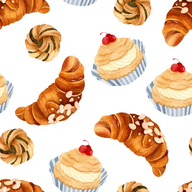 Vector illustration of Almond croissant, poppy bun and cream pastry watercolor seamless pattern