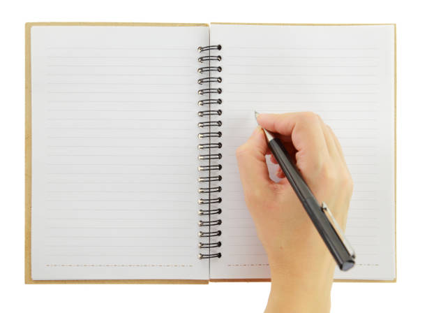 istock Female hand with a pen, and an open notebook isolated on white background, 1603440304