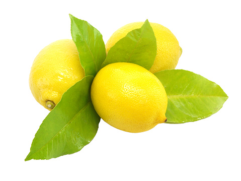 Lemons with green leaves isolated on transparent background