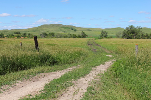 Farm road, field and hill in a landscape in northern Nebraska