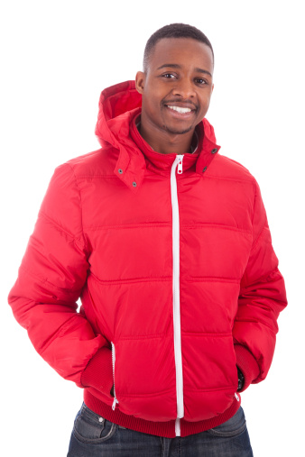African American man wearing a winter coat, isolated on white background