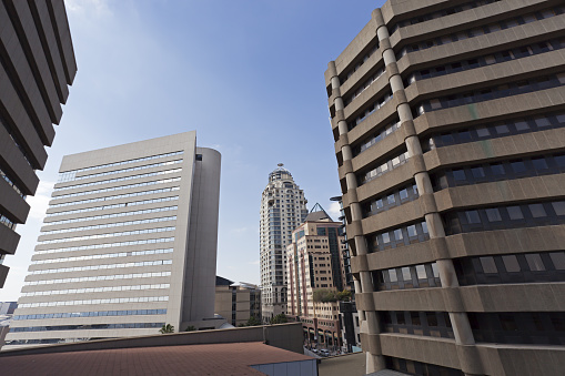 Cityscape of various buildings, hotels and offices in Sandton city centre, Johannesburg, South Africa,