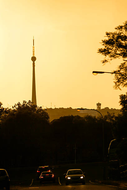 Sunset silhouette of sentech tower in Johannesburg, South Africa. The tower is 237 metres high and built in 1961, originally known as the Brixton tower.
