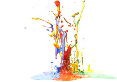 Multicolor paint splash against a white background. 