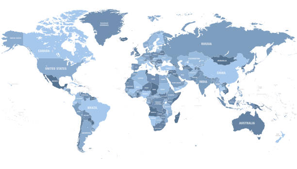 Map of World in shades of blue. High detail political map with country names. Vector illustration Map of World in shades of blue. High detail political map with country names. Vector illustration world map stock illustrations