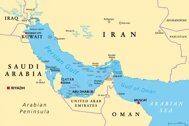 Vector illustration of Persian Gulf region, Strait of Hormuz, and Gulf of Oman, political map