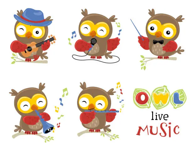 Vector illustration of Group of funny owl cartoon illustration in music performance