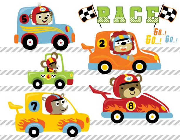 Vector illustration of Set of cute animals car racing cartoon