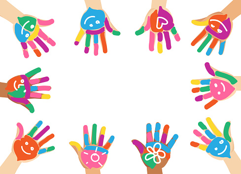 Multiethnic diverse painted colorful hands of children with smile and heart shape isolated vector illustration on white background