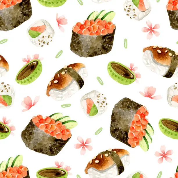 Vector illustration of Sushi, unagi, caviar watercolor seamless pattern