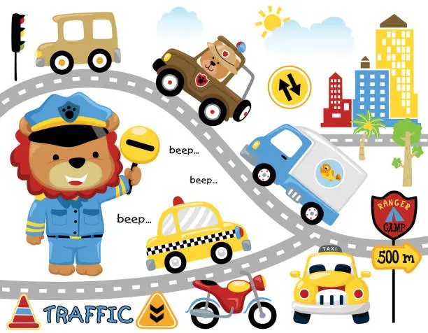 Vector illustration of Vector set of city traffic cartoon with cute lion in police uniform