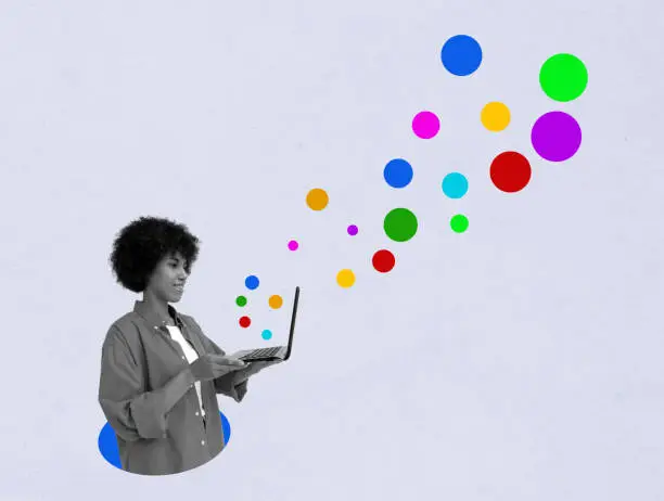 Photo of Collage with woman working on a laptop and colorful circles as a symbol of new ideas and creativity in blogging.