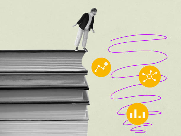 istock A woman looking down from a stack of books as a concept lifelong learning. Modern collage. 1603510160