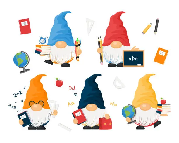 Vector illustration of Set of school cute gnomes with colorful hats. Education characters with school supplies